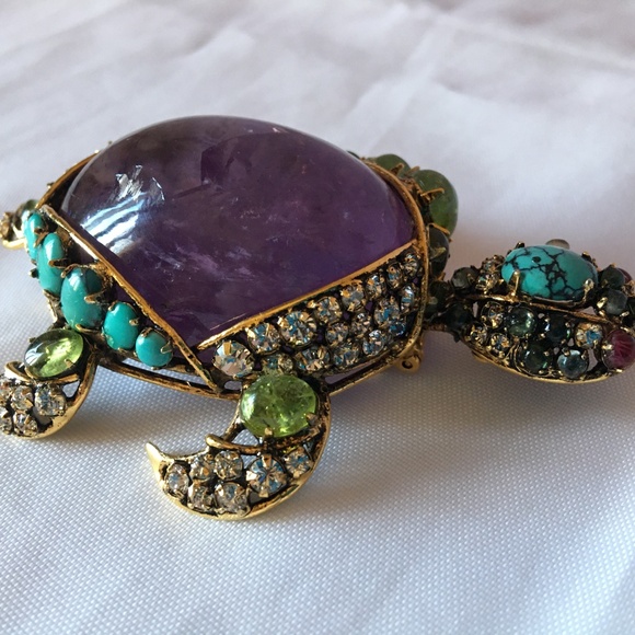 IRADJ MOINI Vintage Costume Jewelry Large Turtle Gemstone Brooch Pin Pendant - Picture 7 of 7